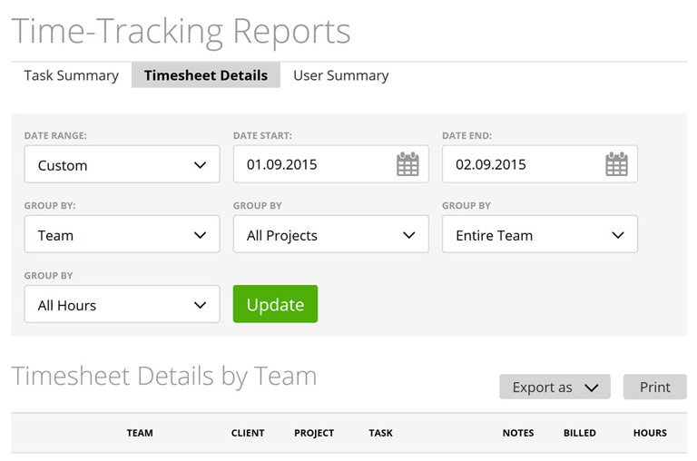 Rapport time-tracking instantané